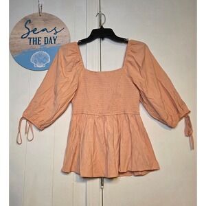 Mittoshop Peach Smocked Bodice Puff Sleeve Peplum Top Square Neck Small
